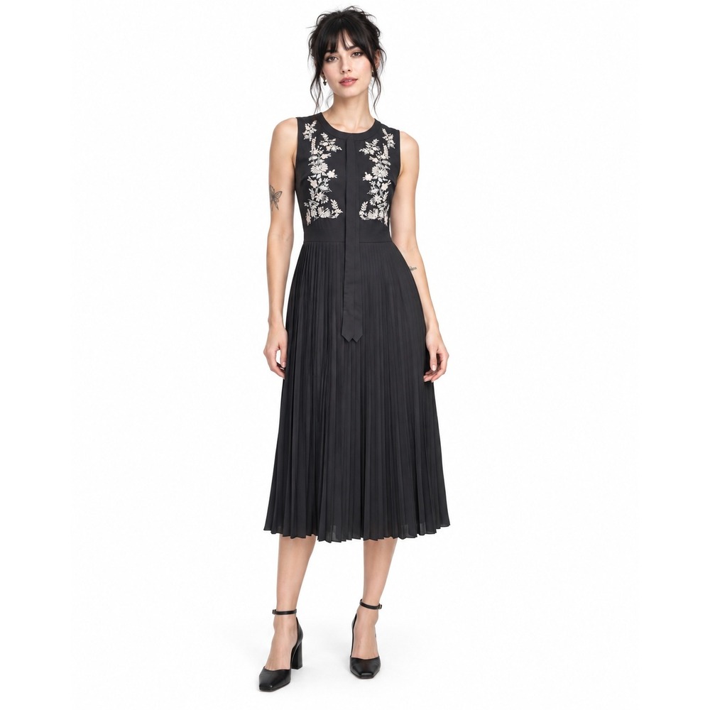 Floral Embroidered Nanette Lepore Pleated Midi Dress 8 Black and White Feminine